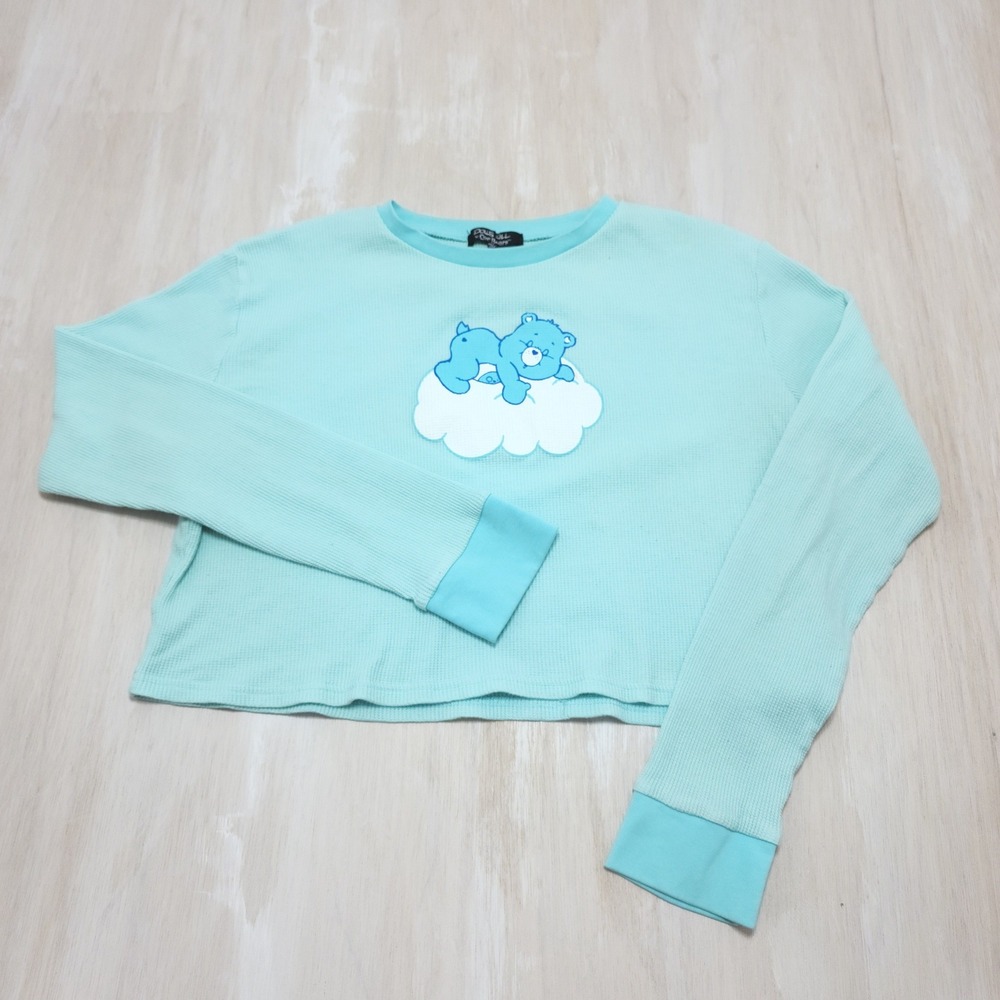 Dolls Kill x Care Bears Bedtime Bear Aqua Blue Waffle Knit Crop Thermal Top 3X